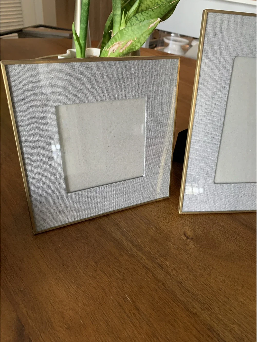 2 Photo Frames with Grey Linen Outside Mat and Gold Edging